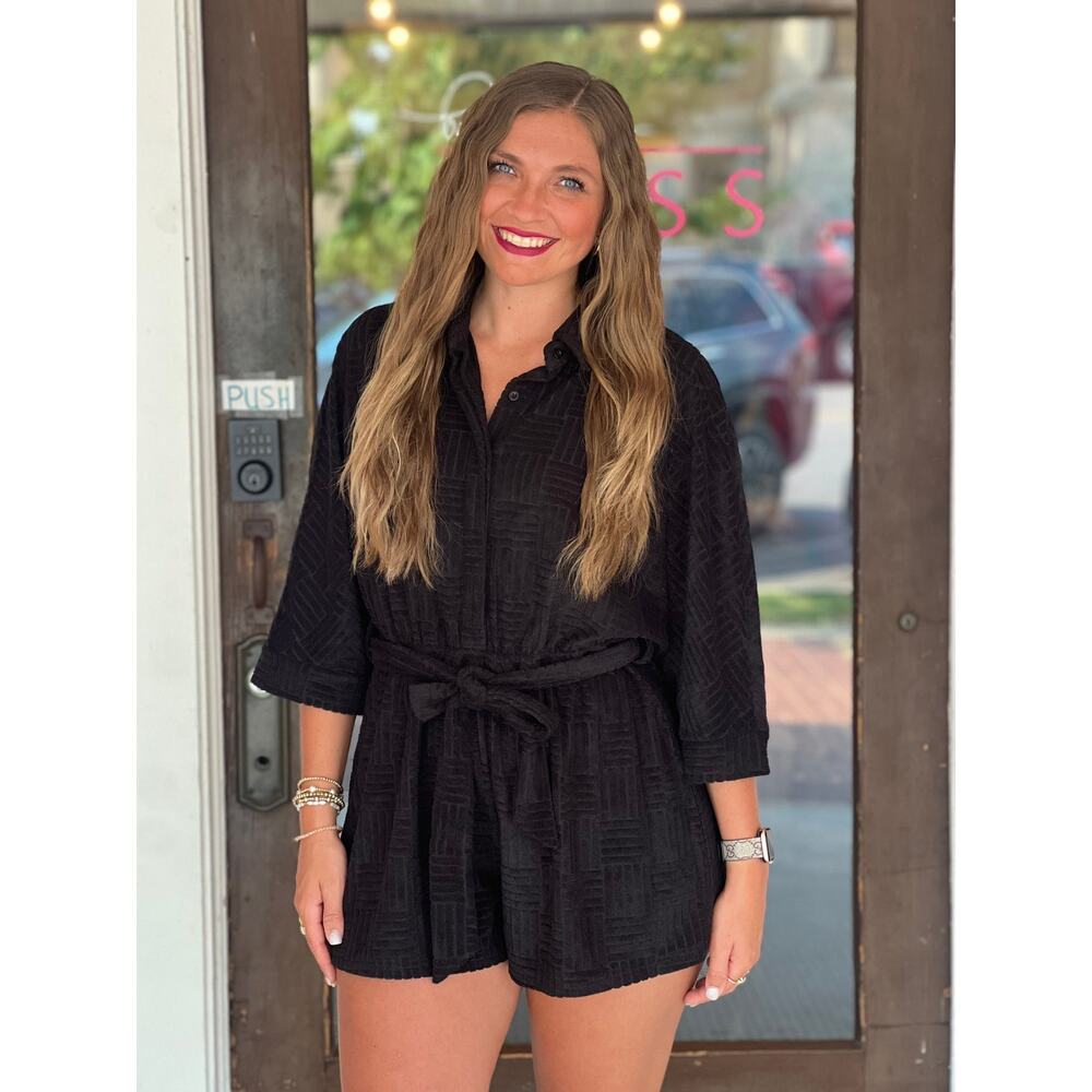 Bibi Textured Terry Shorts Romper in BLACK XL NWT Coverup Beach Minimal Coastal